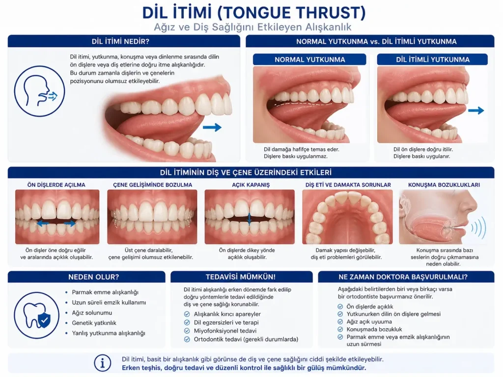 Dil itimi sırasında dilin ön dişlere baskı yaptığı durumu gösteren ortodontik görsel