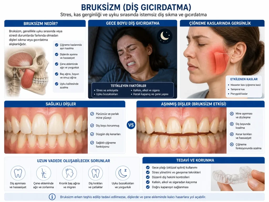 Diş sıkma (bruksizm) sonucu diş aşınması ve çene kaslarının gerginliği gösterimi