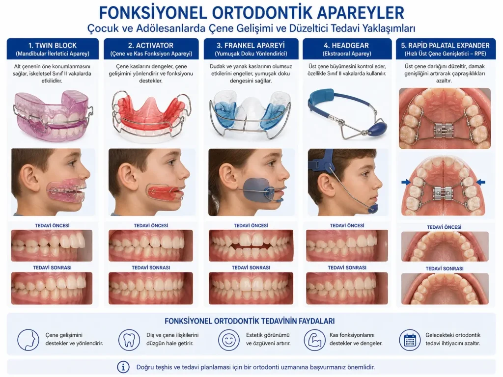 Çocuk ve genç hastalarda kullanılan fonksiyonel ortodontik apareylerin (Twin Block, Aktivatör, Frankel apareyi, Headgear ve hızlı üst çene genişletme cihazı) çene gelişimi ve diş dizilimi üzerindeki etkilerini gösteren ortodontik tedavi görseli.