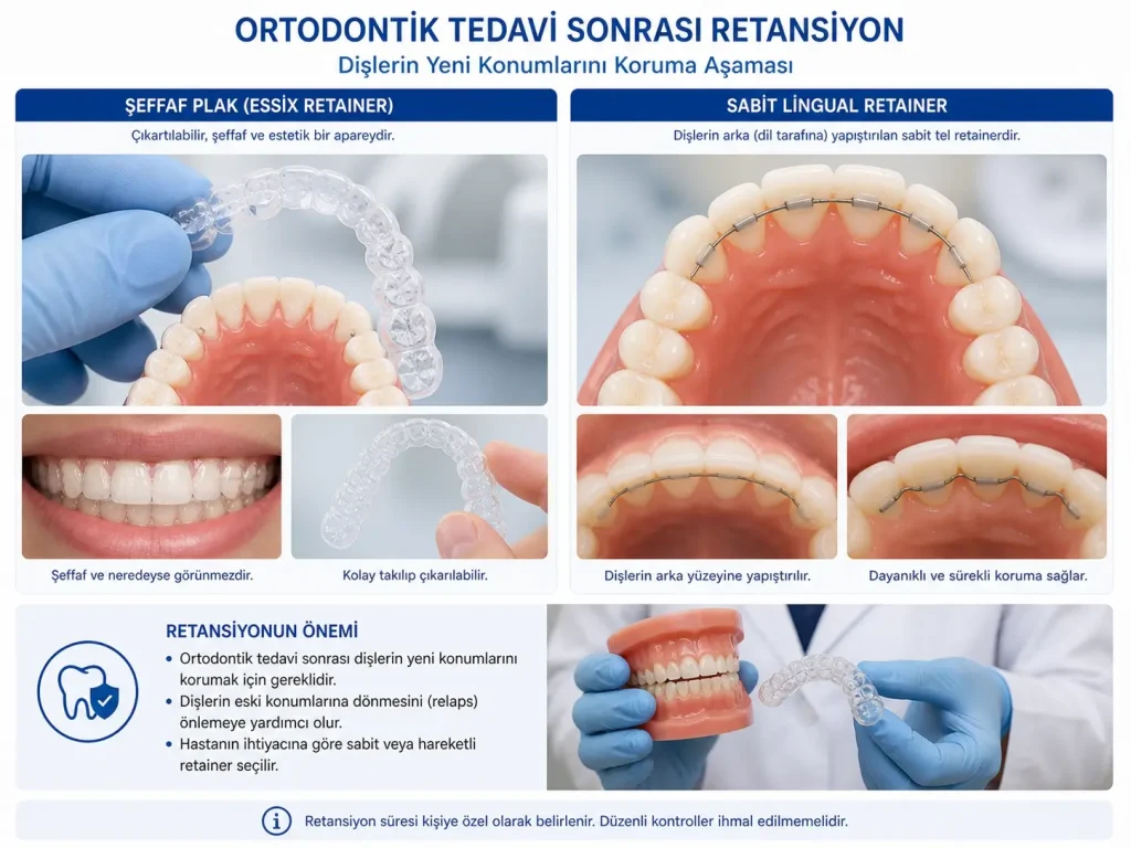 Şeffaf retainer ve sabit lingual retainer uygulamasının dişler üzerindeki görünümü