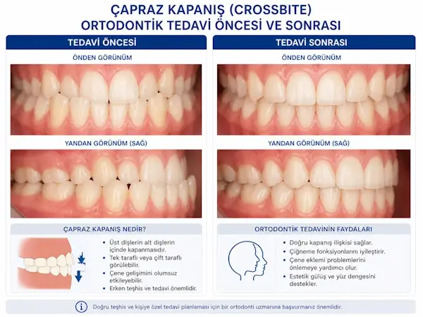 Çapraz kapanış (crossbite) diş bozukluğu ve ortodontik tedavi sonrası düzelme görünümü