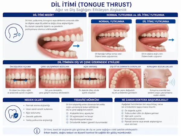 Dil itimi sırasında dilin ön dişlere baskı yaptığı durumu gösteren ortodontik görsel