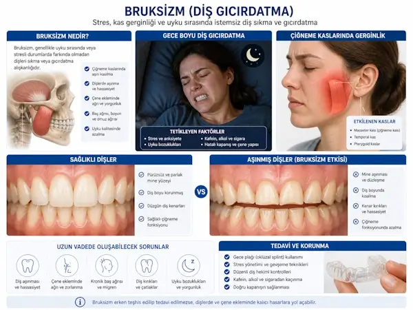 Diş sıkma (bruksizm) sonucu diş aşınması ve çene kaslarının gerginliği gösterimi